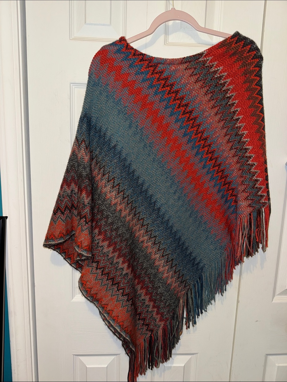 Chevron Fringe Knit Shaw in Red and Teal